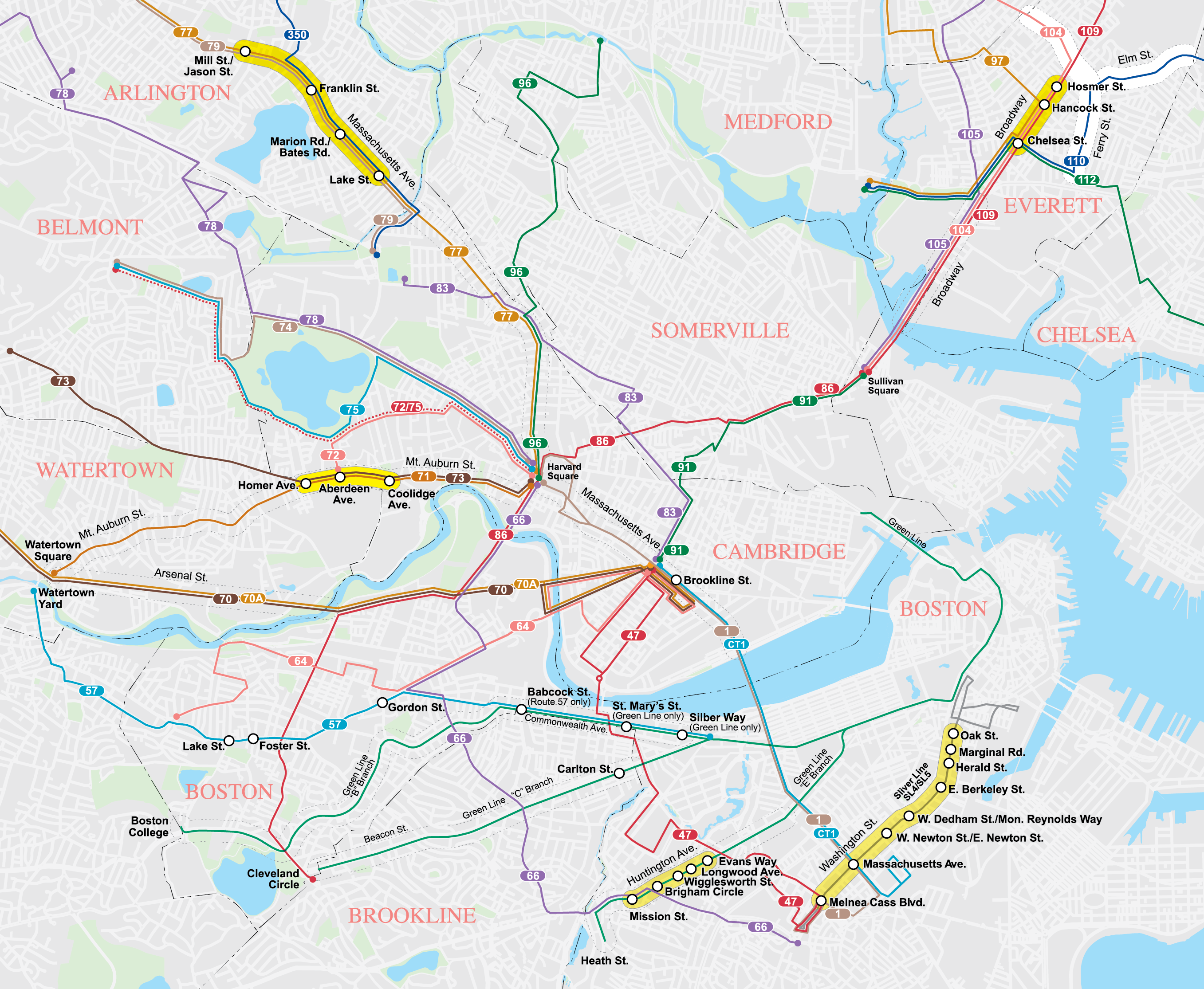 map of the current and planned transit signal priorities in the Boston Region